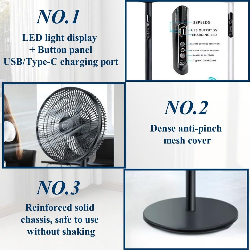 Oscillating Pedestal Fan with Remote, Solar Rechargeable, 3 Speeds, 16in, White K98560