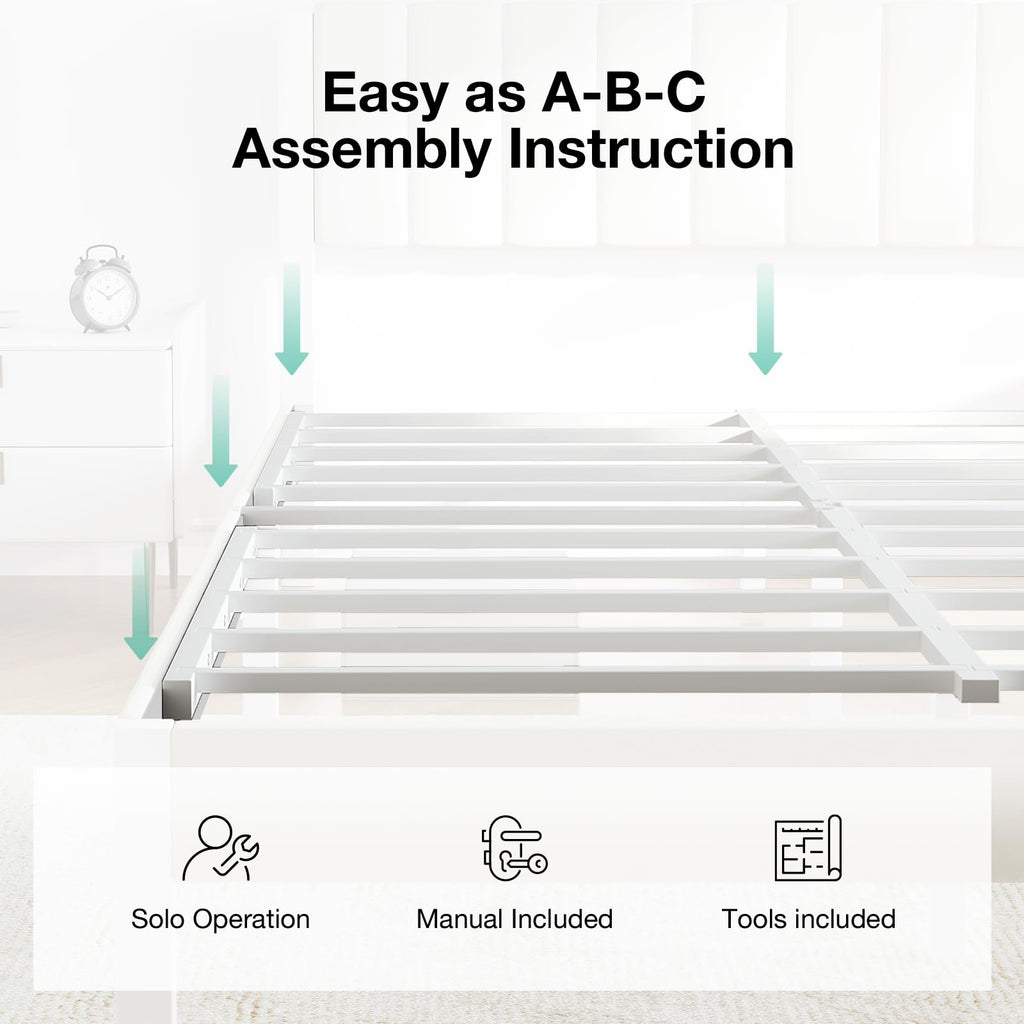 Full Size Metal Platform Bed Frame with Velvet White Headboard D845
