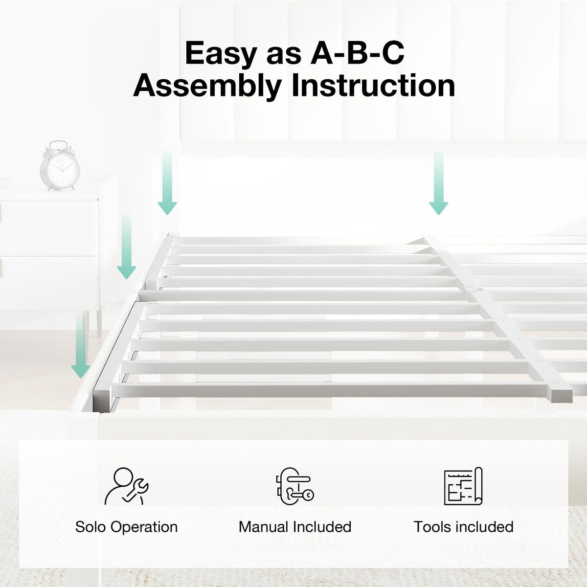 Full Size Metal Platform Bed Frame with Velvet White Headboard D845