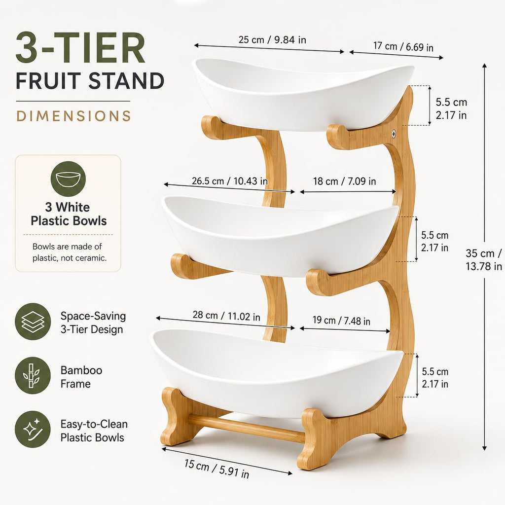 3 Tier Plastic Fruit Basket with Bamboo Stand Q601