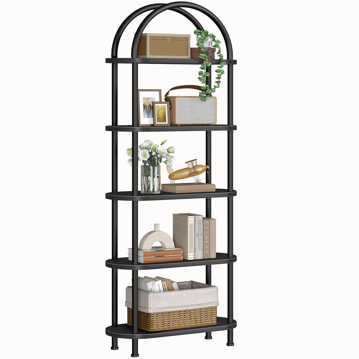 5 Tier Arched Wooden Bookshelf Metal Frame I9624