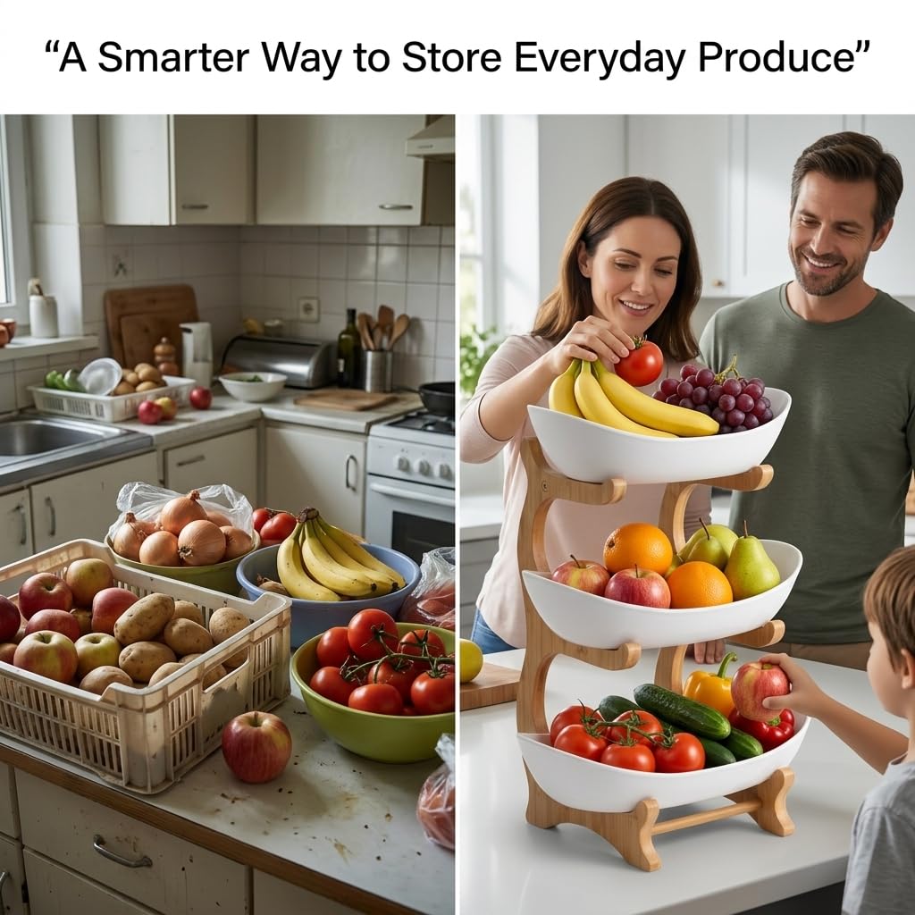 3 Tier Plastic Fruit Basket with Bamboo Stand Q601