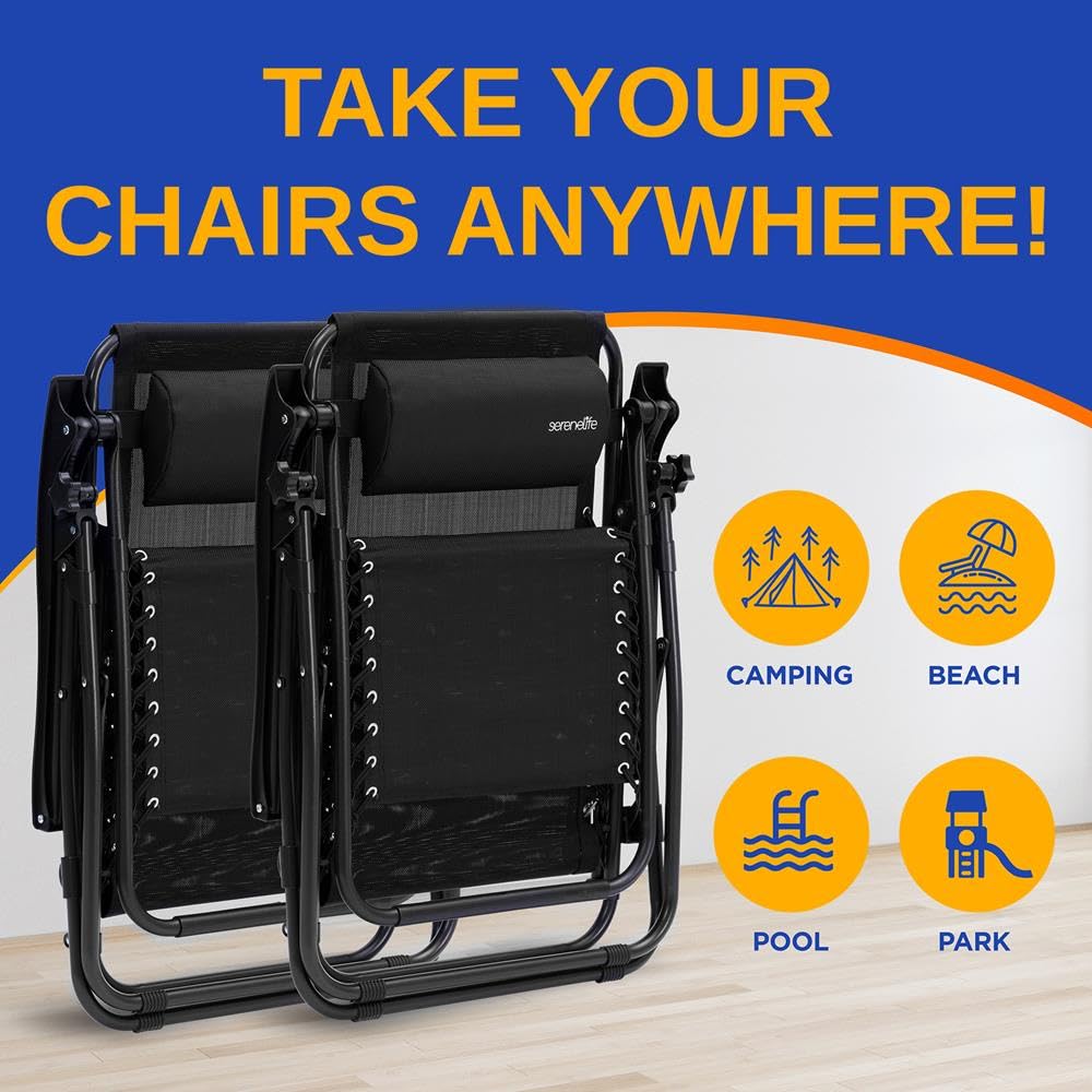 2 Pack Black Zero Gravity Lounge Chairs with Side Table X219
