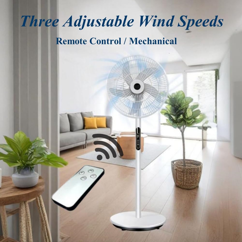Oscillating Pedestal Fan with Remote, Solar Rechargeable, 3 Speeds, 16in, White K98560
