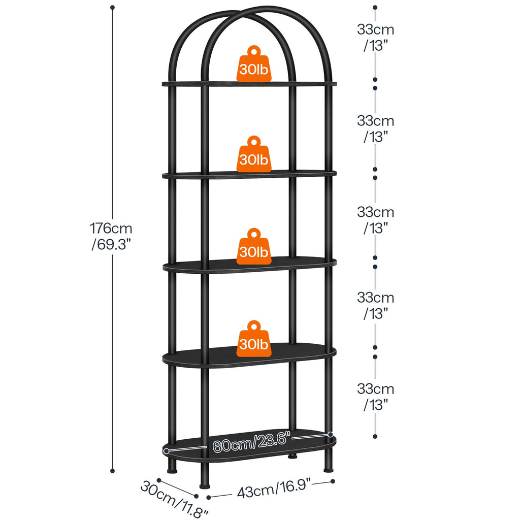 5 Tier Arched Wooden Bookshelf Metal Frame I9624