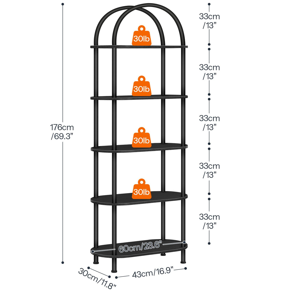 5 Tier Arched Wooden Bookshelf Metal Frame I9624