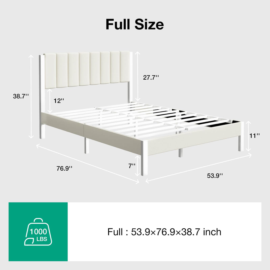 Full Size Metal Platform Bed Frame with Velvet White Headboard D845