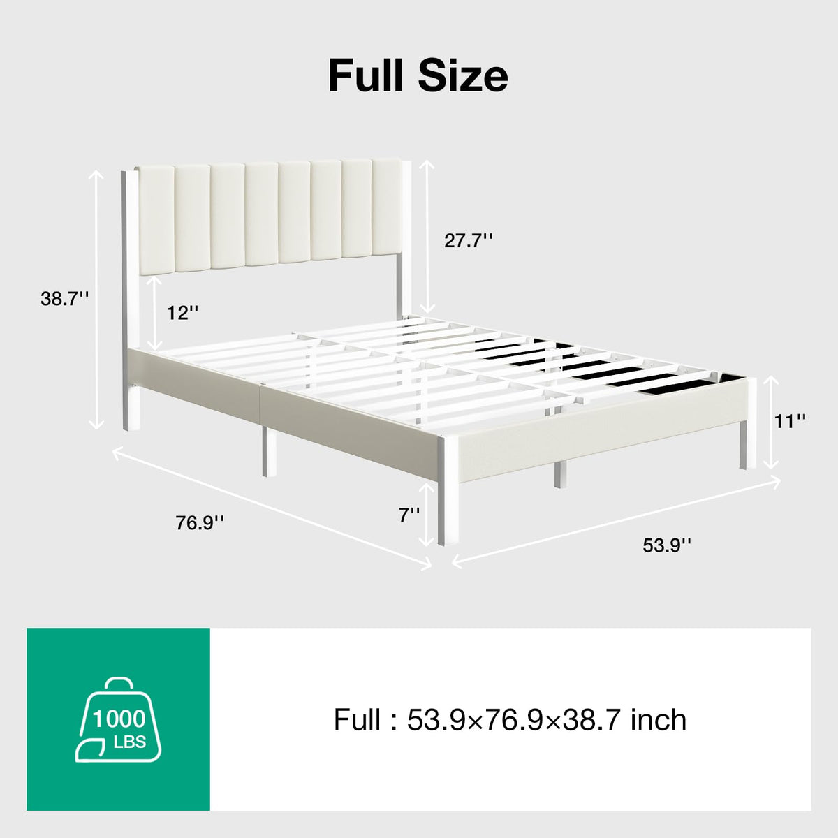 Full Size Metal Platform Bed Frame with Velvet White Headboard D845