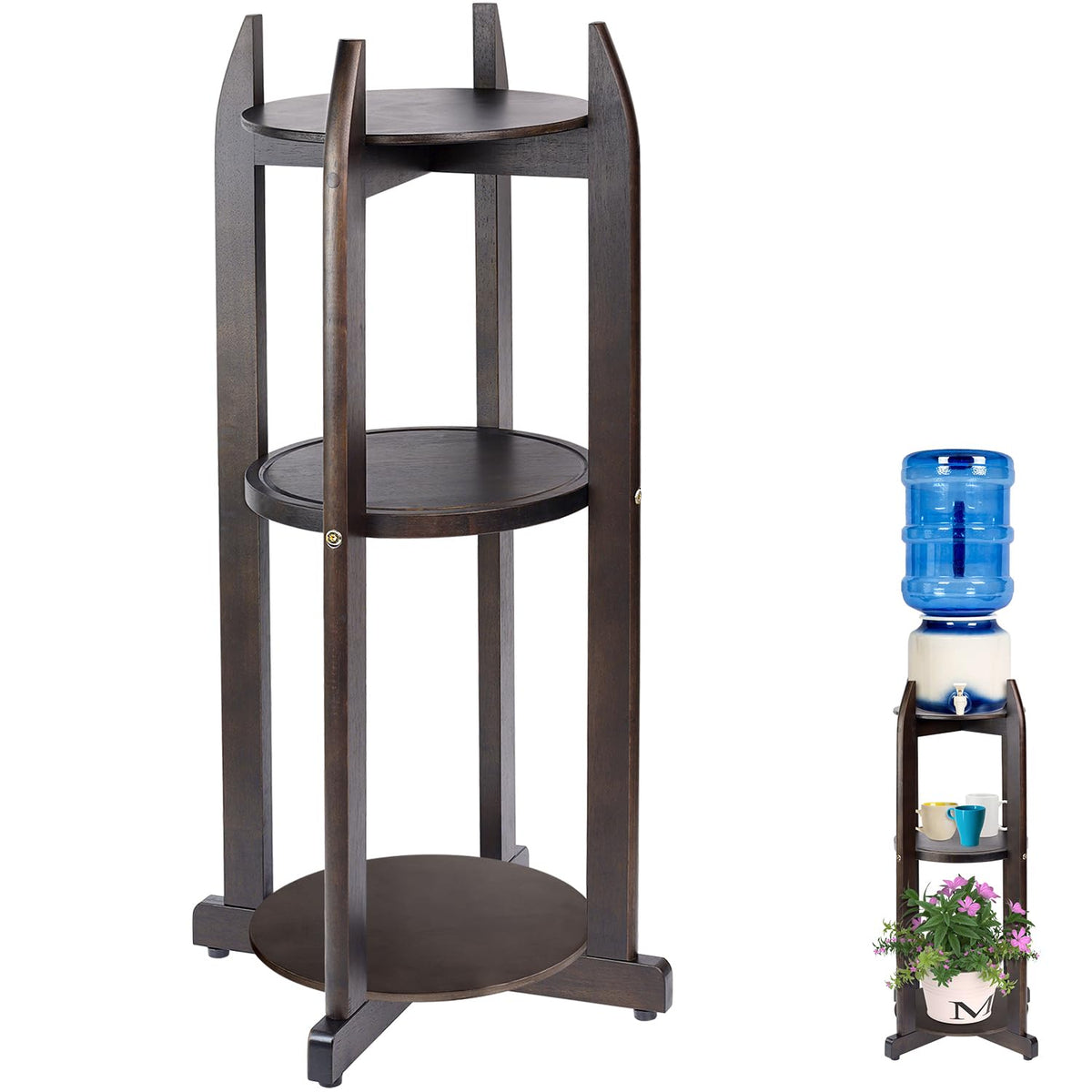 Solid Wood Water Dispenser Floor Stand with 3 Round Shelfs C199011