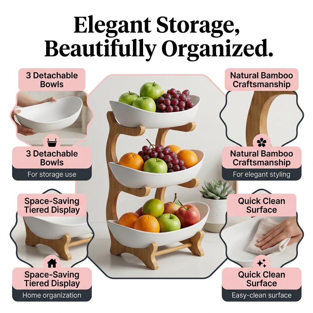 3 Tier Plastic Fruit Basket with Bamboo Stand Q601