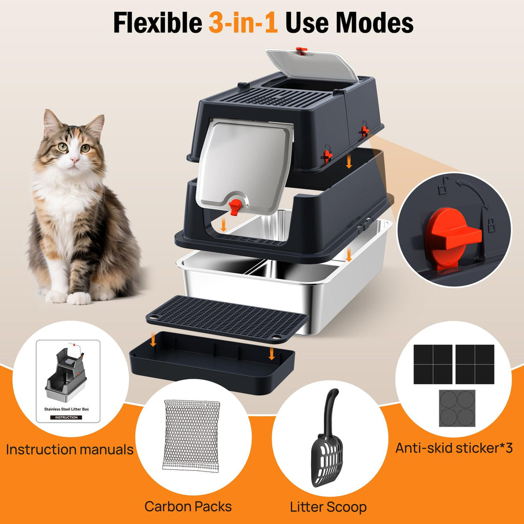 Stainless Steel Enclosed Litter Box with Lid, Extra Large, Black D3156