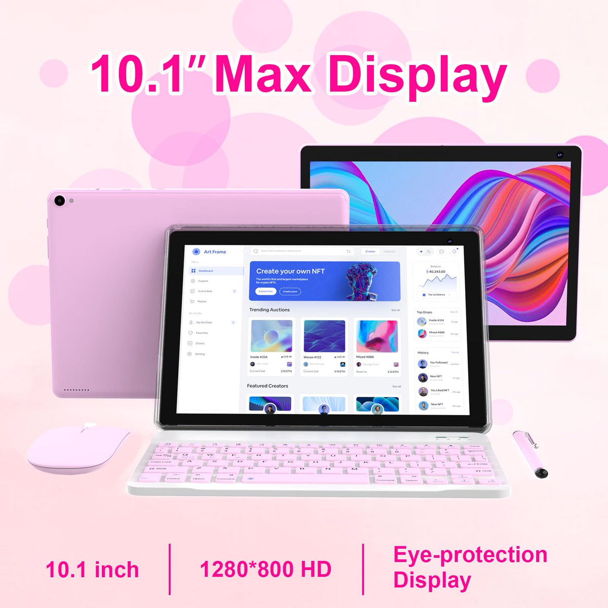 Android 15 Tablet 10 inch, 2 in 1 Tablet with Keyboard Case Mouse Stylus, 8GB RAM 32GB ROM, Quad Core, 1280x800 HD Screen, 6000mAh Z7948