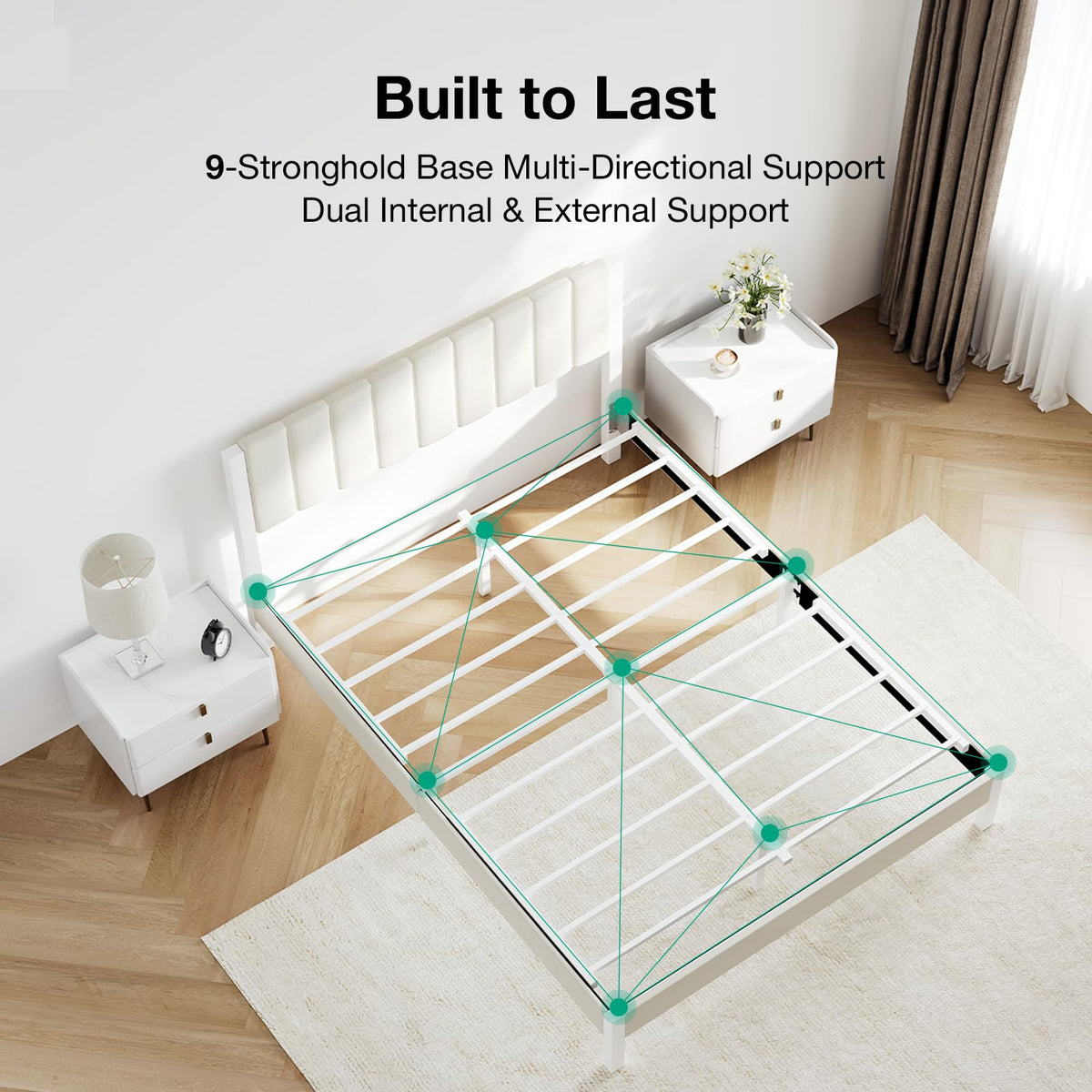 Full Size Metal Platform Bed Frame with Velvet White Headboard D845