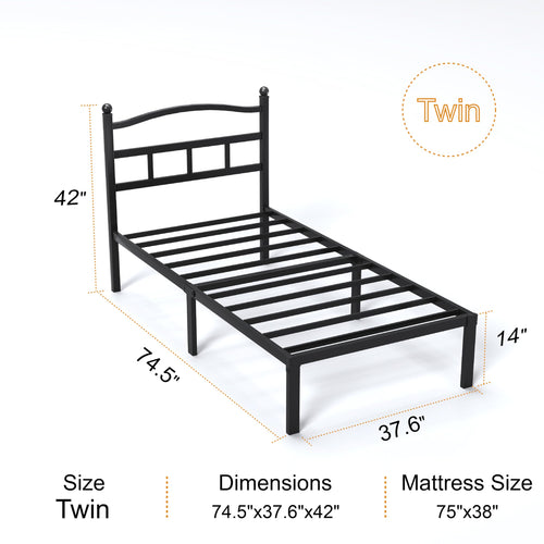 14 Inch Twin Size Metal Platform Bed Frame with Headboard J763523