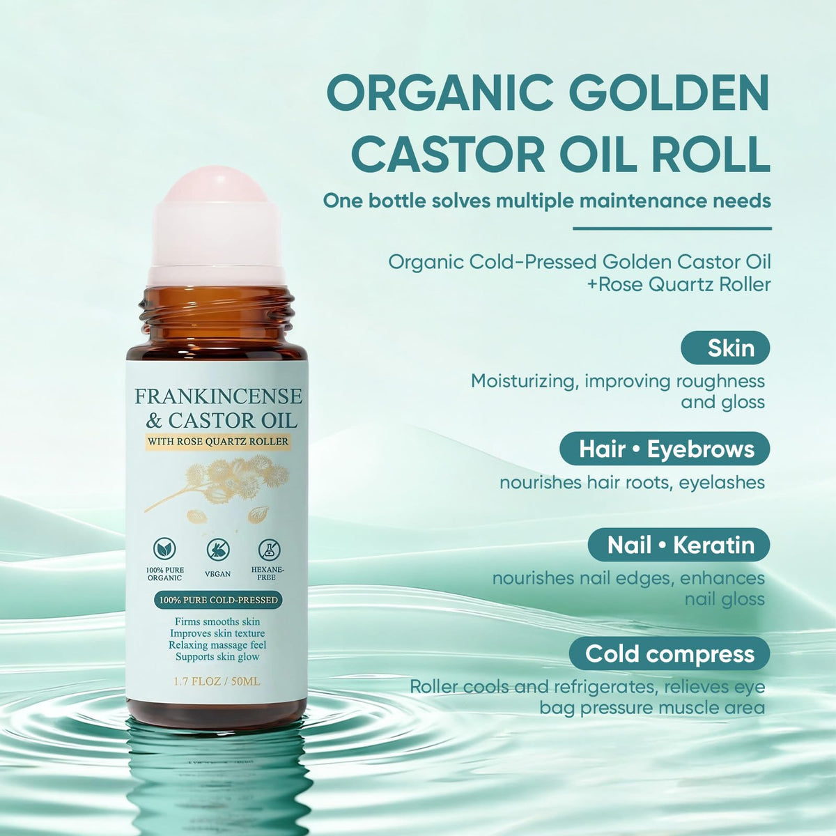 Cold-Pressed Castor Oil Roll On with Rose Quartz Stone 1.7 fl oz X395663