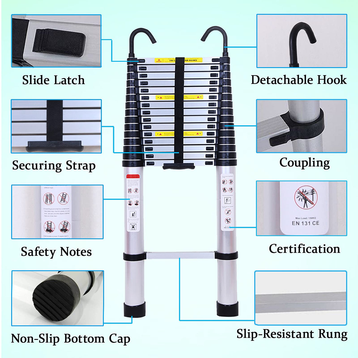 Collapsible Telescoping Ladder 20.5FT Aluminum Lightweight 330LB Capacity D337380