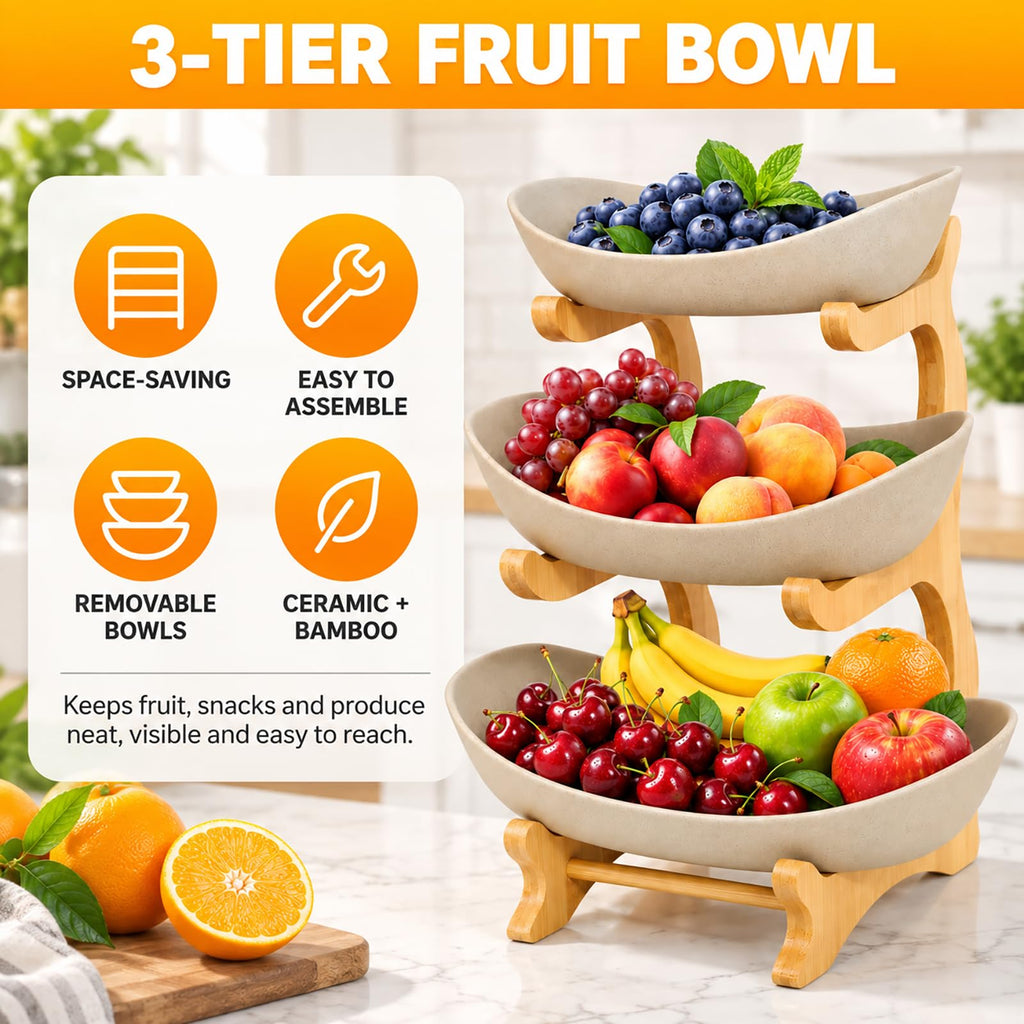 3 Tier Ceramic Fruit Basket with Bamboo Stand J476