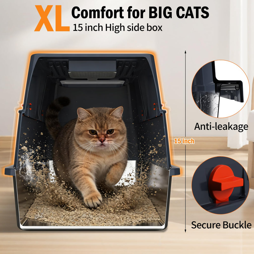 Stainless Steel Enclosed Litter Box with Lid, Extra Large, Black D3156