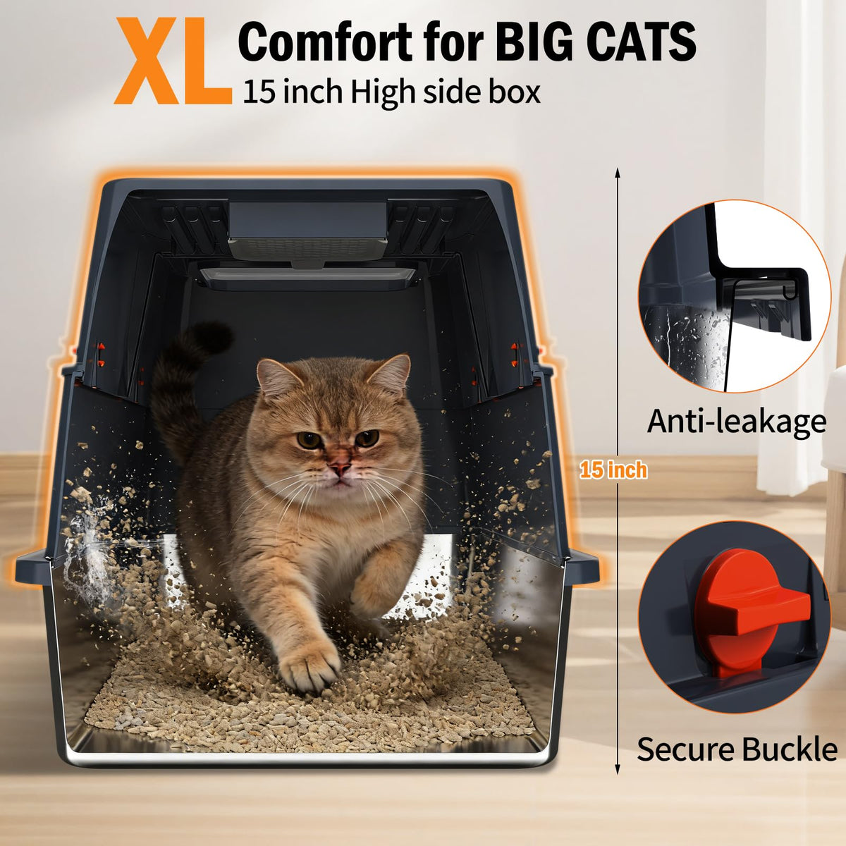 Stainless Steel Enclosed Litter Box with Lid, Extra Large, Black D3156