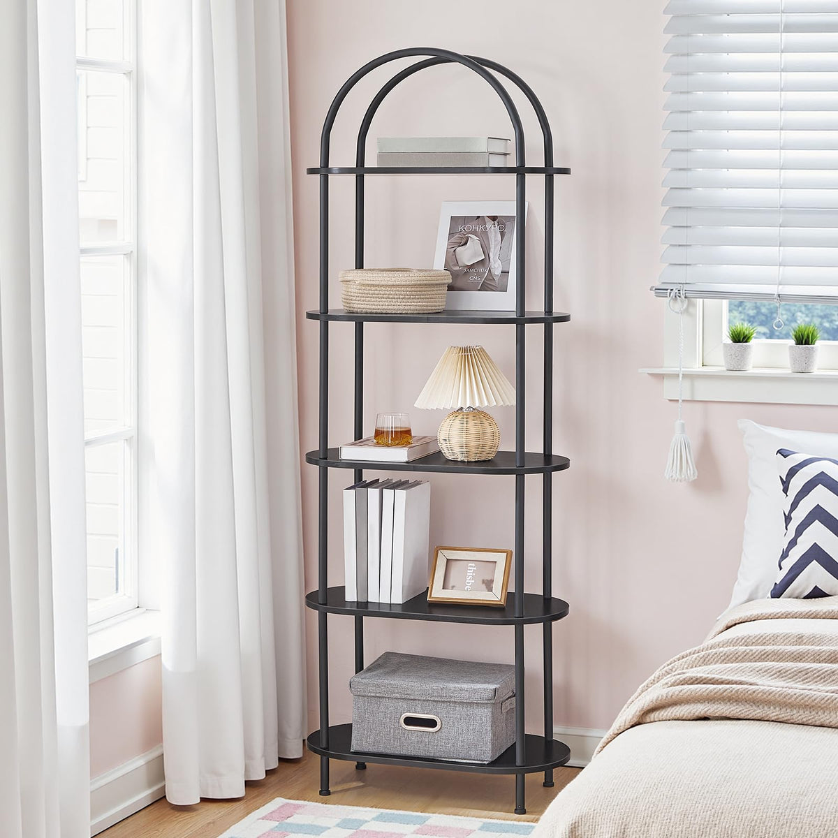 5 Tier Arched Wooden Bookshelf Metal Frame I9624