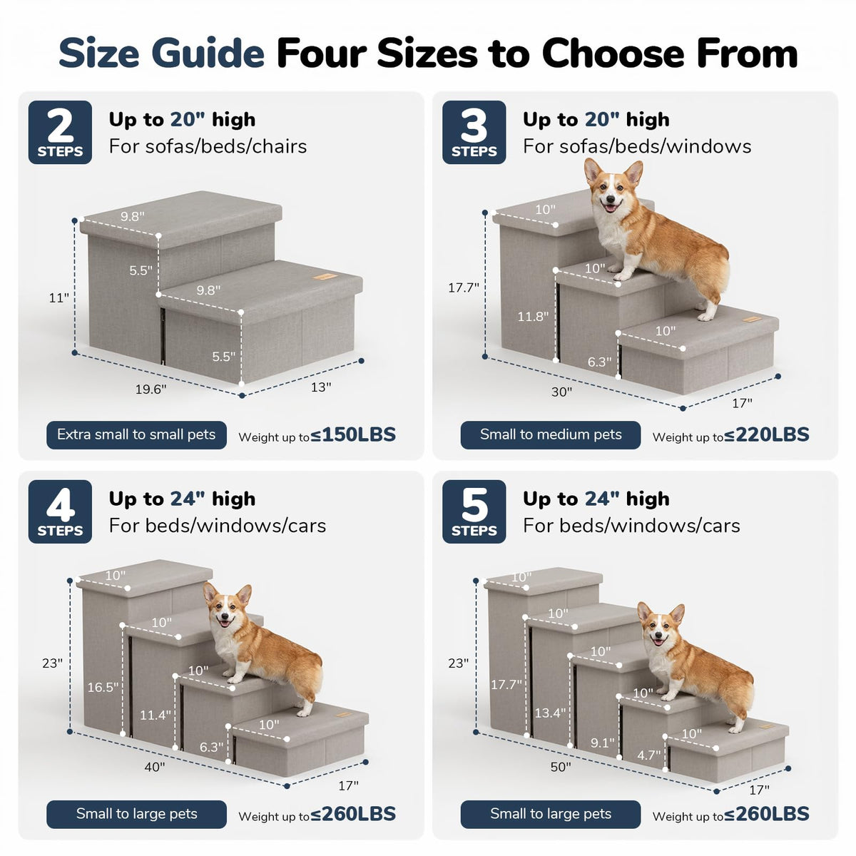 2-Step Wide Dog Stairs with Storage, Non-Slip Foldable Pet Steps, Grey R4089
