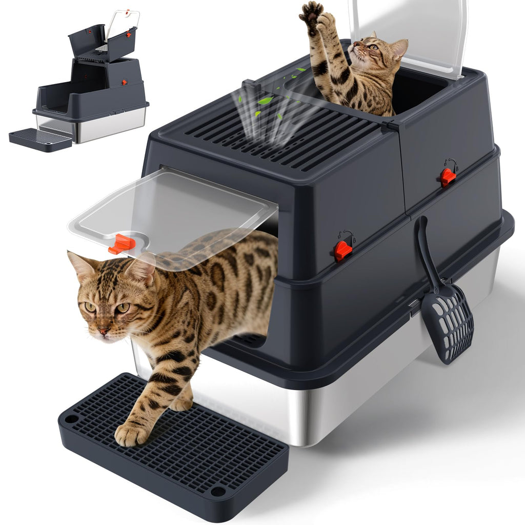 Stainless Steel Enclosed Litter Box with Lid, Extra Large, Black D3156
