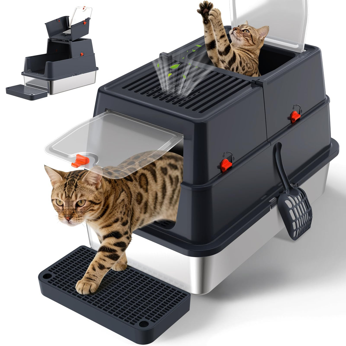 Stainless Steel Enclosed Litter Box with Lid, Extra Large, Black D3156