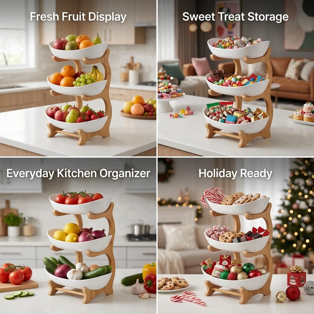 3 Tier Plastic Fruit Basket with Bamboo Stand Q601