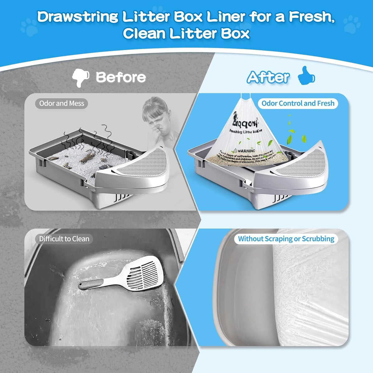 Litter Box Liners 100 Count Leak-Proof Drawstring I410