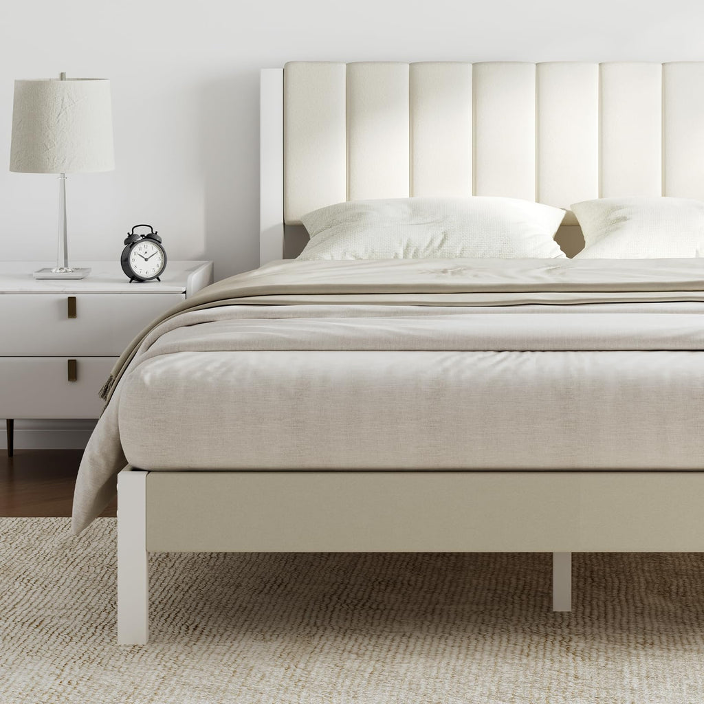 Full Size Metal Platform Bed Frame with Velvet White Headboard D845