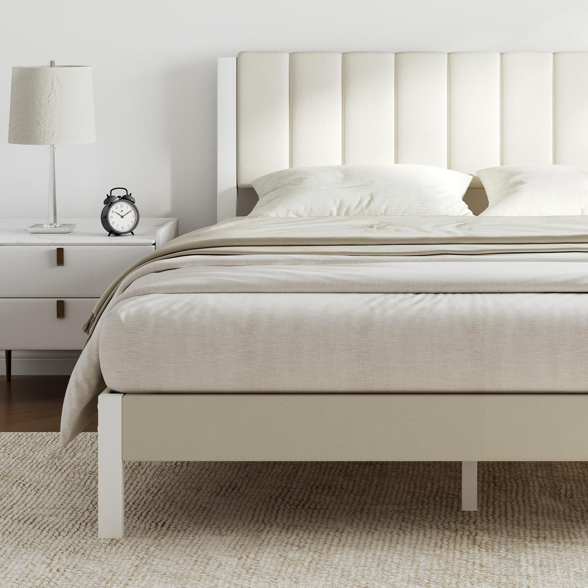 Full Size Metal Platform Bed Frame with Velvet White Headboard D845
