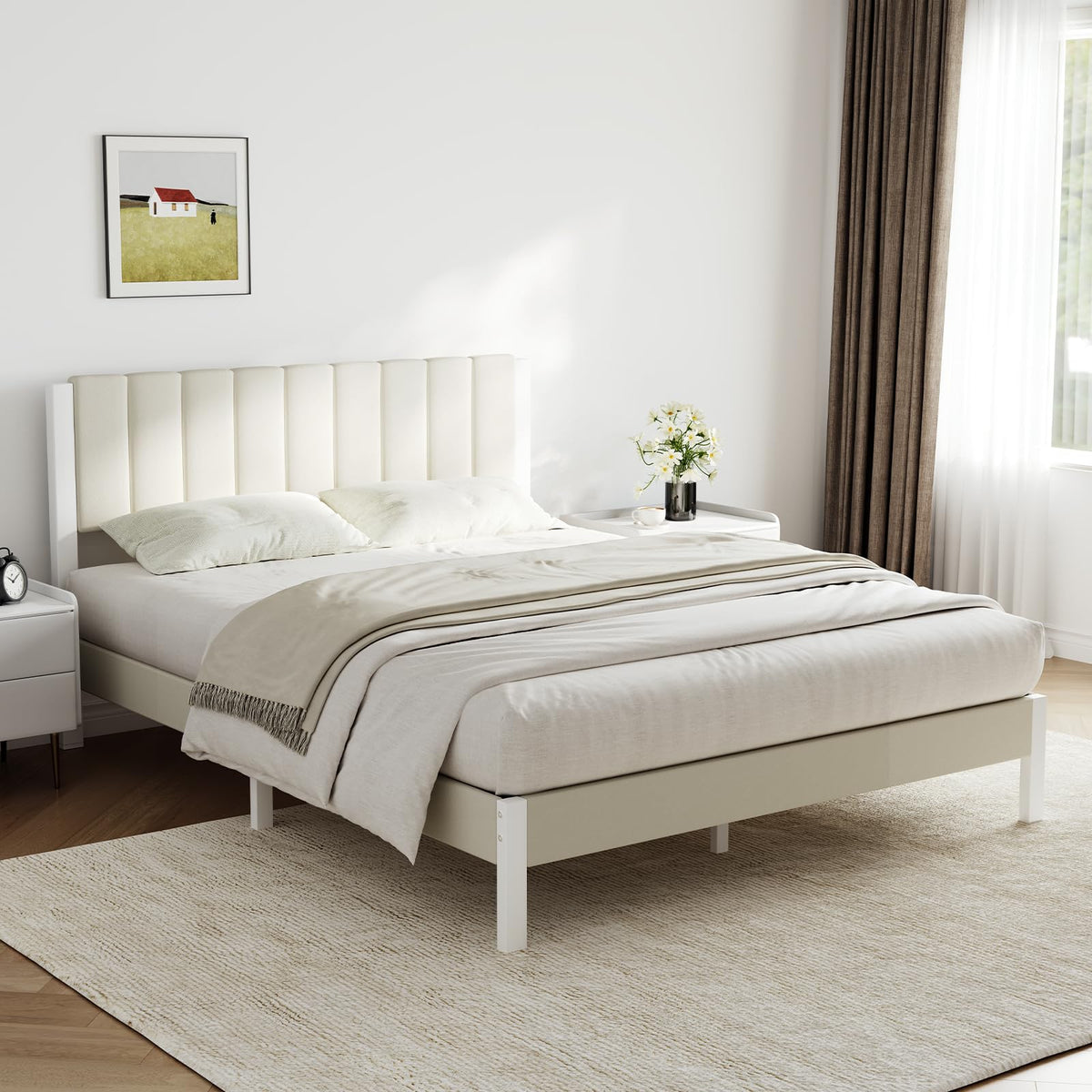 Full Size Metal Platform Bed Frame with Velvet White Headboard D845