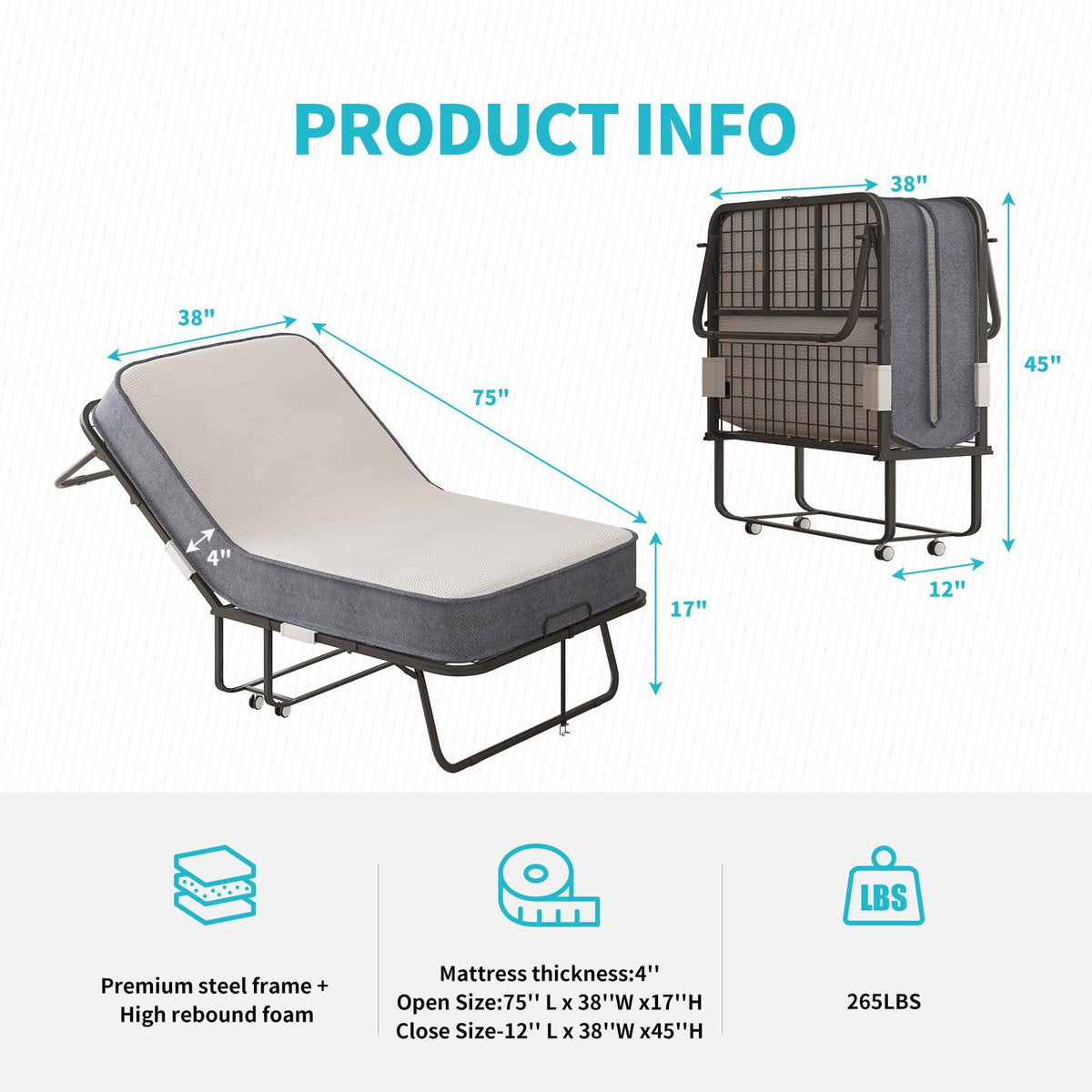 Twin Size Folding Bed with 4 Inch Foam Mattress F4180