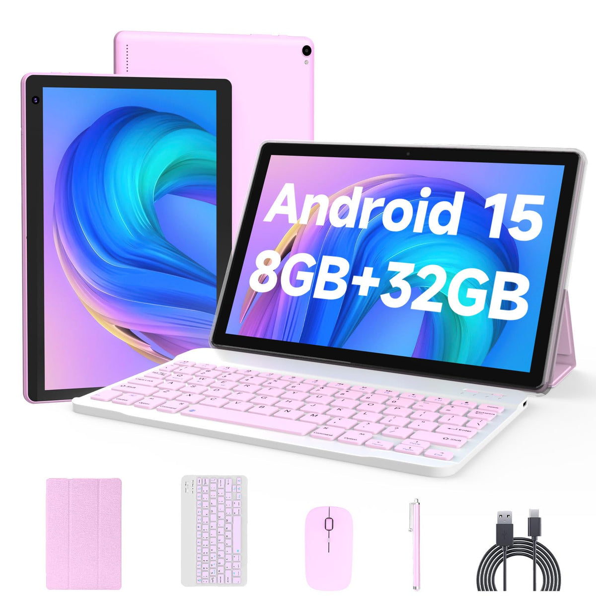Android 15 Tablet 10 inch, 2 in 1 Tablet with Keyboard Case Mouse Stylus, 8GB RAM 32GB ROM, Quad Core, 1280x800 HD Screen, 6000mAh Z7948