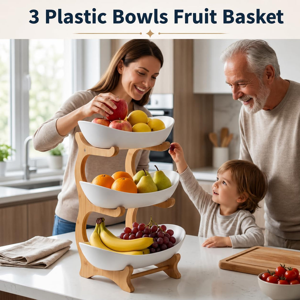 3 Tier Plastic Fruit Basket with Bamboo Stand Q601