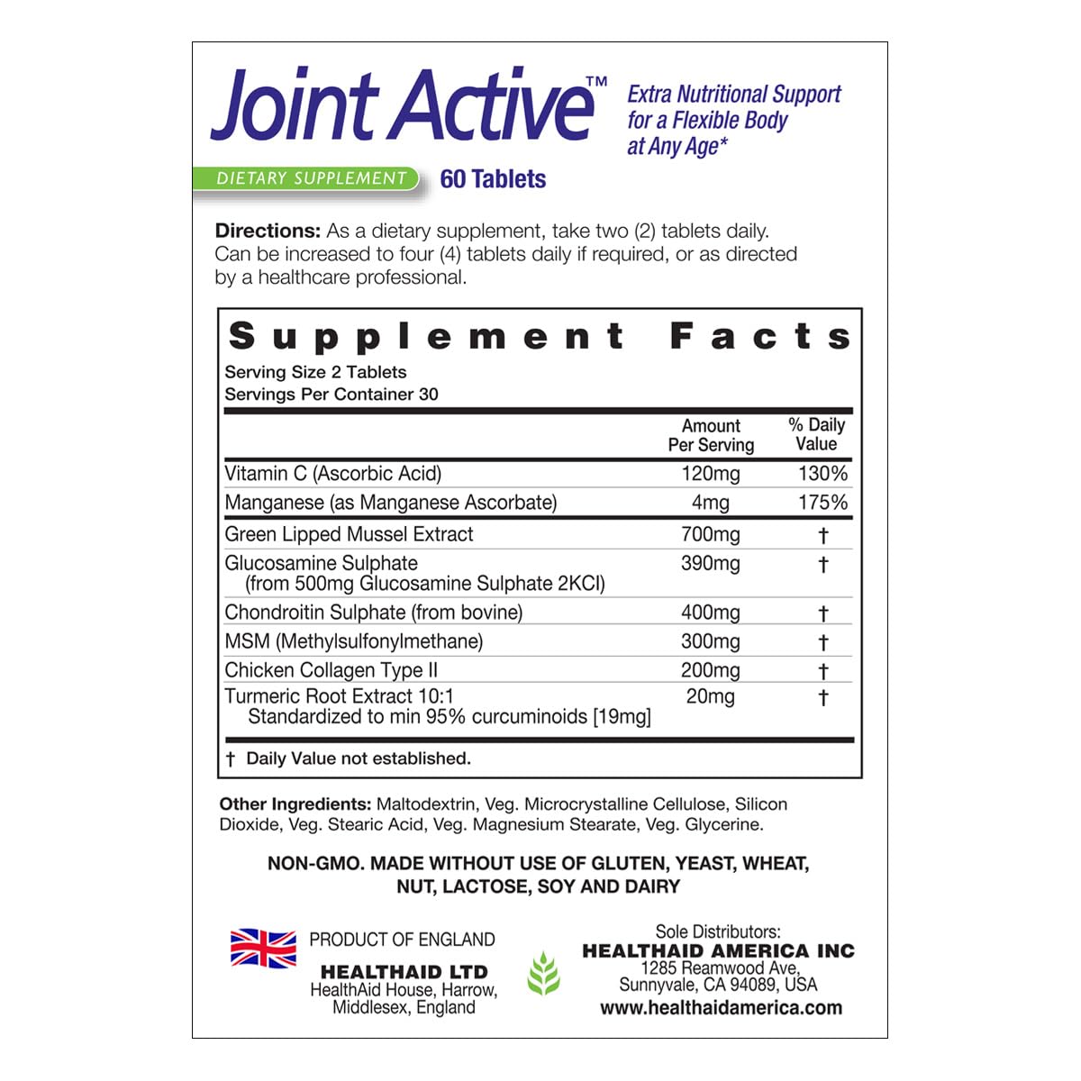 60 Tablets Joint Support with Green-Lipped Mussel Extract, Glucosamine, Chondroitin, Turmeric, MSM and Collagen Q104