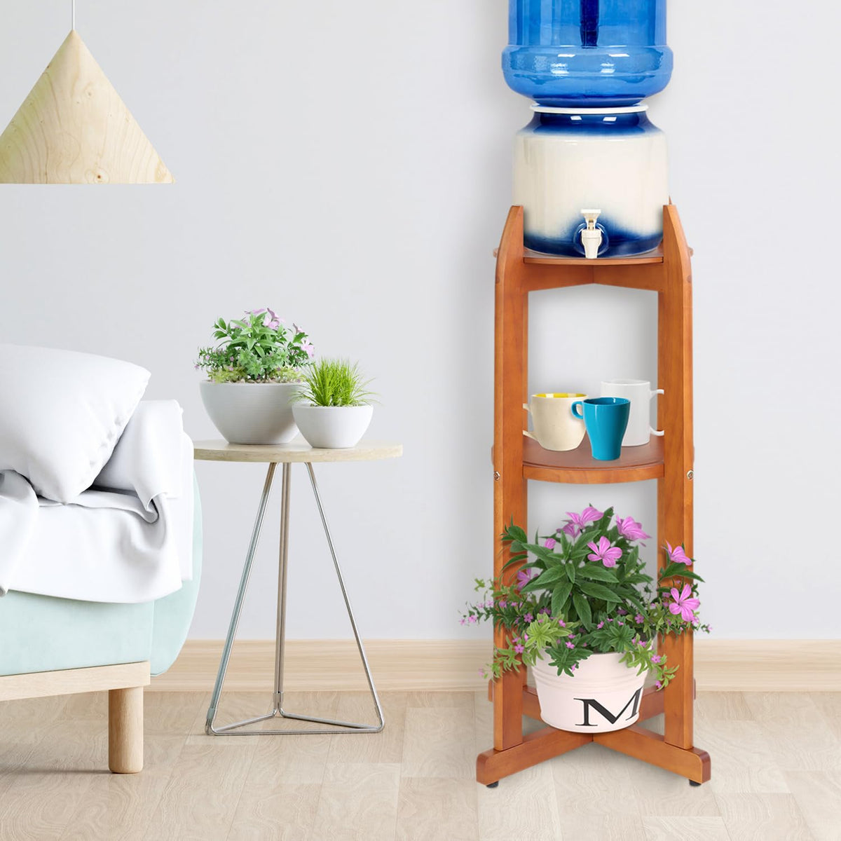 Solid Wood Water Dispenser Stand with 2 Shelves Q829