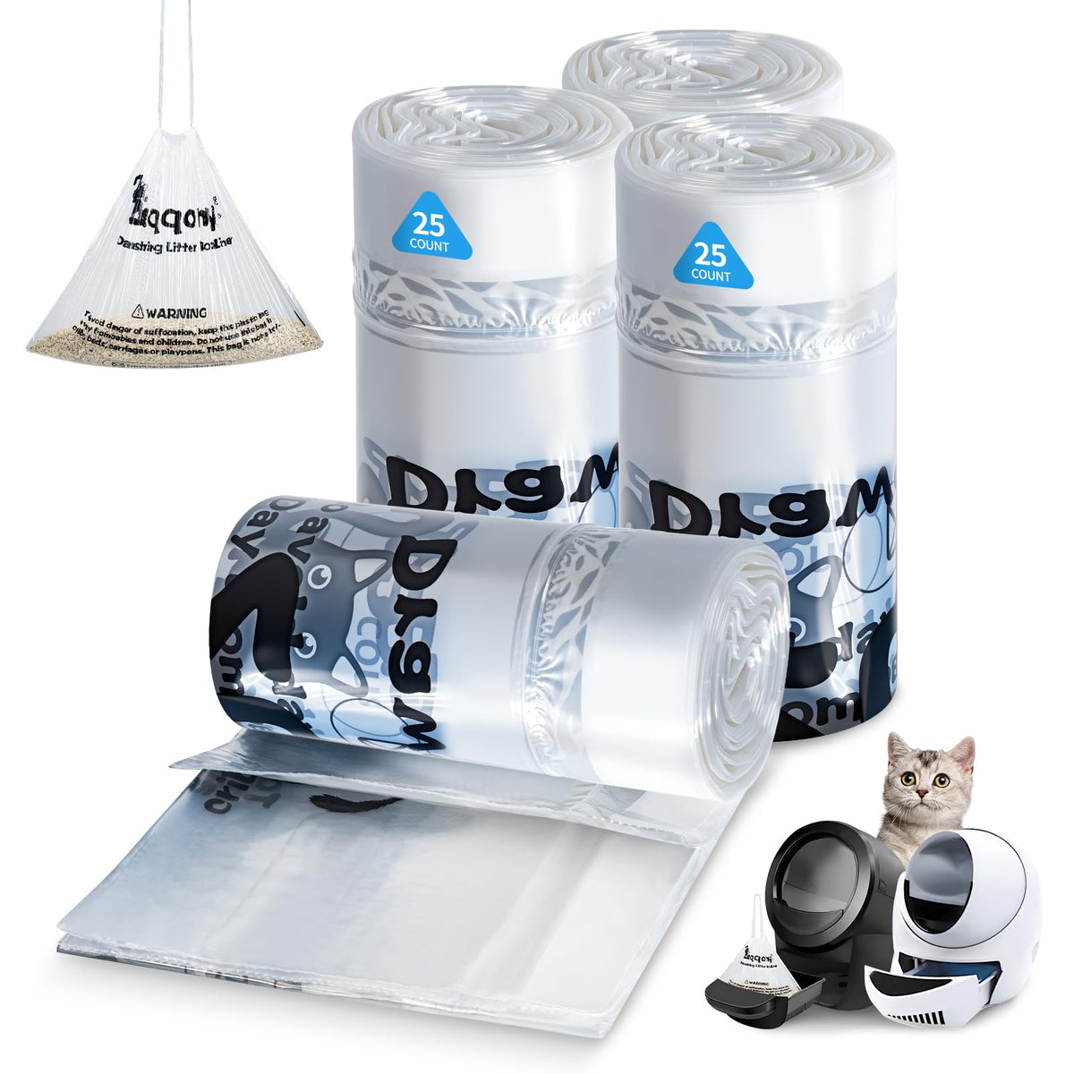 Litter Box Liners 100 Count Leak-Proof Drawstring I410