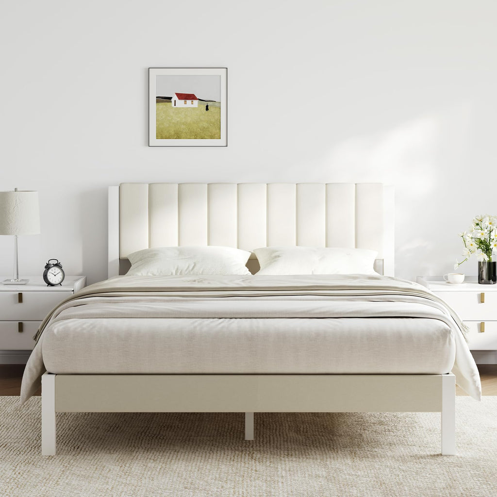 Full Size Metal Platform Bed Frame with Velvet White Headboard D845