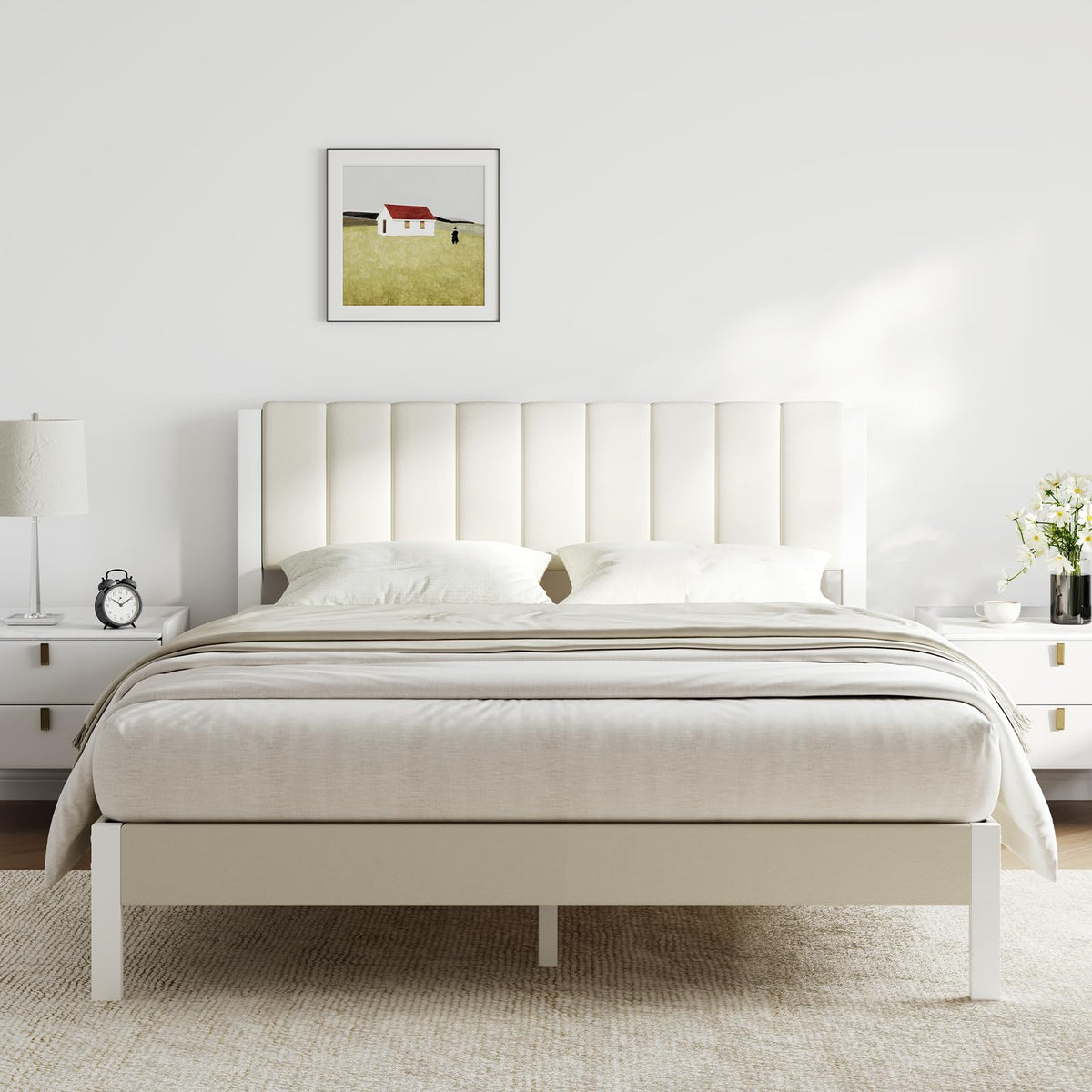 Full Size Metal Platform Bed Frame with Velvet White Headboard D845