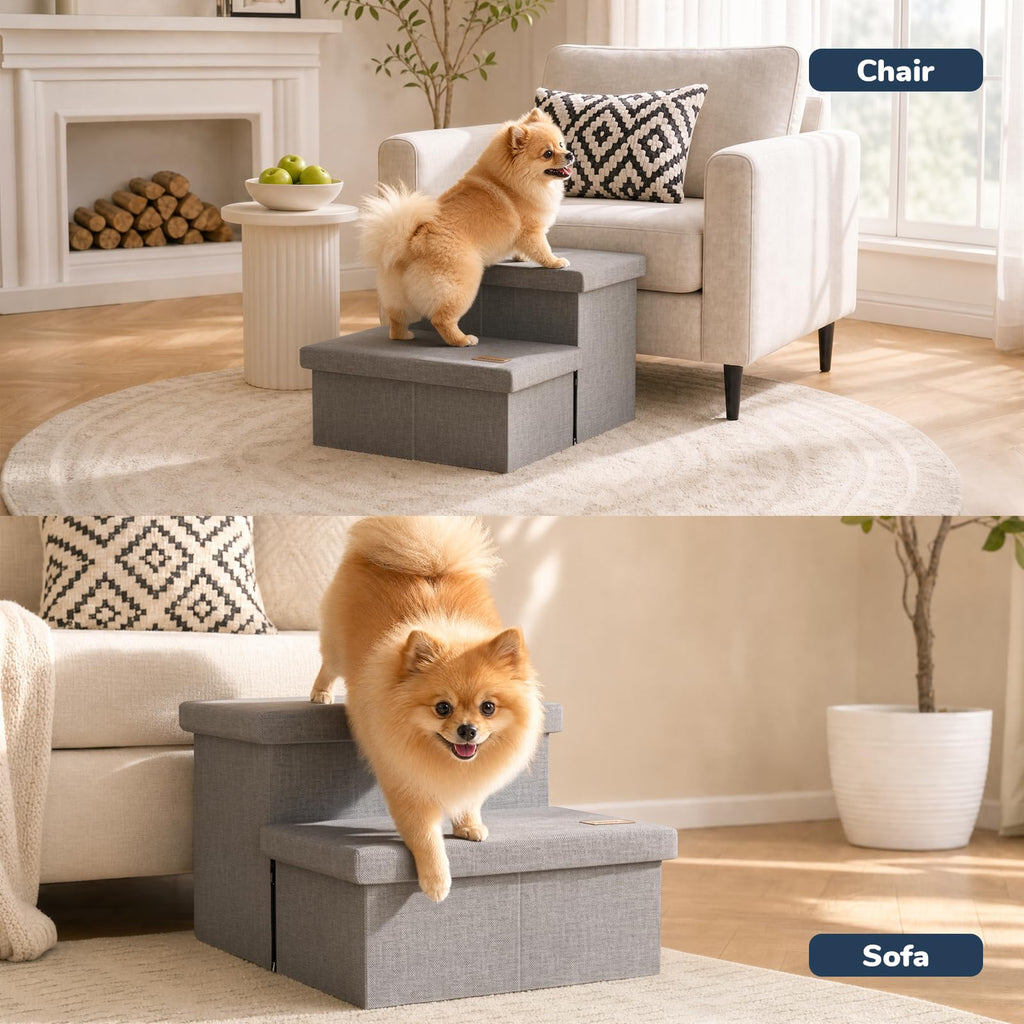 2-Step Wide Dog Stairs with Storage, Non-Slip Foldable Pet Steps, Grey R4089