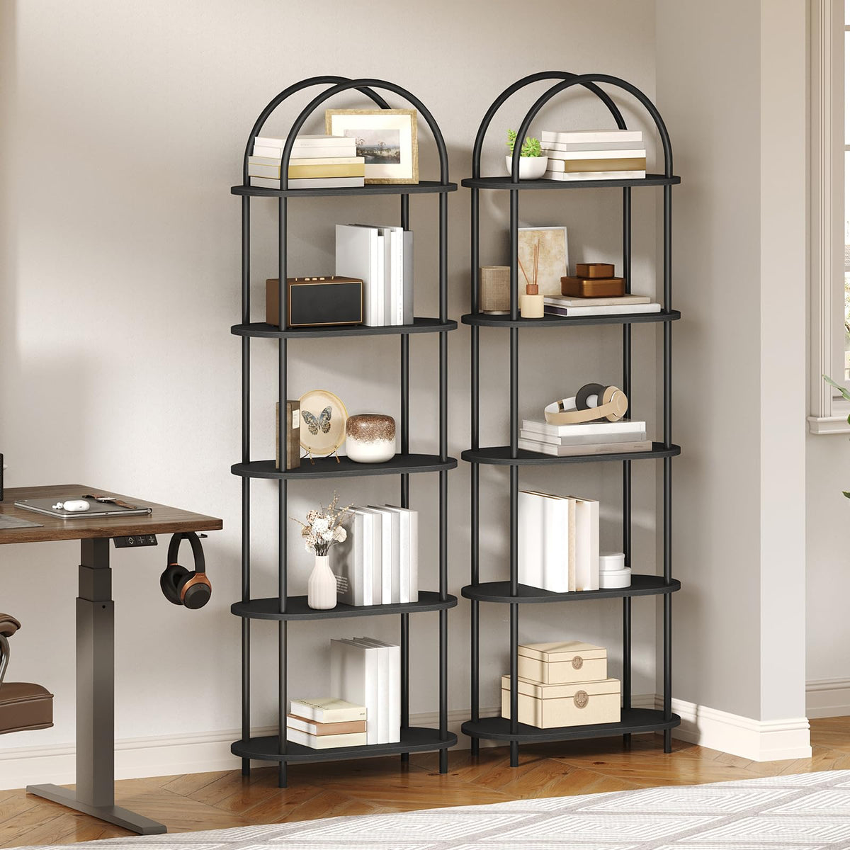 5 Tier Arched Wooden Bookshelf Metal Frame I9624