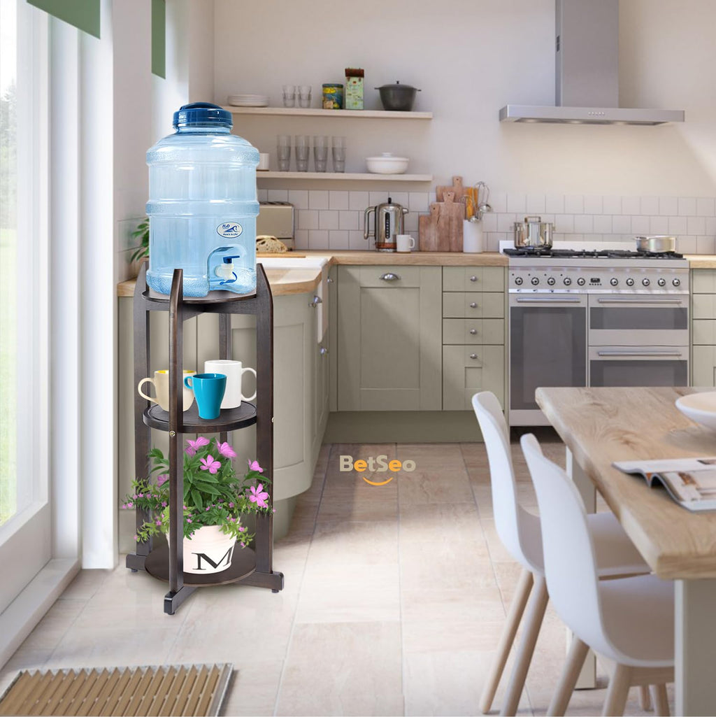 Solid Wood Water Dispenser Floor Stand with 3 Round Shelfs C199011