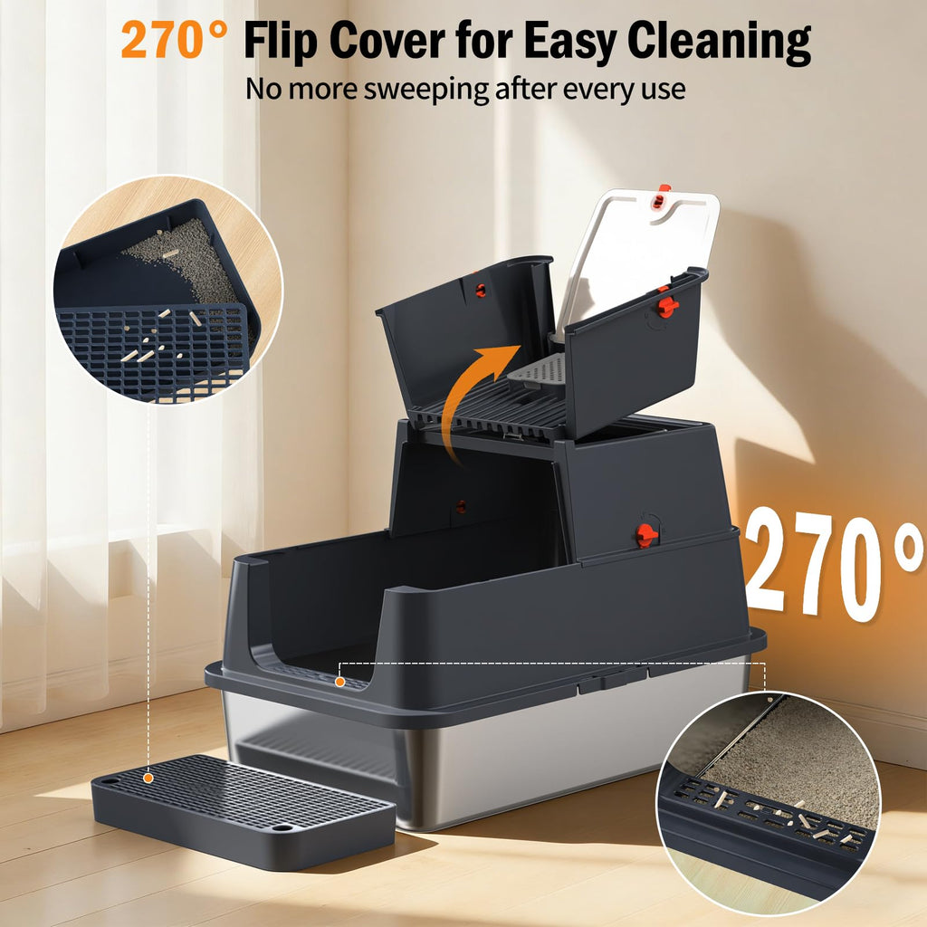 Stainless Steel Enclosed Litter Box with Lid, Extra Large, Black D3156