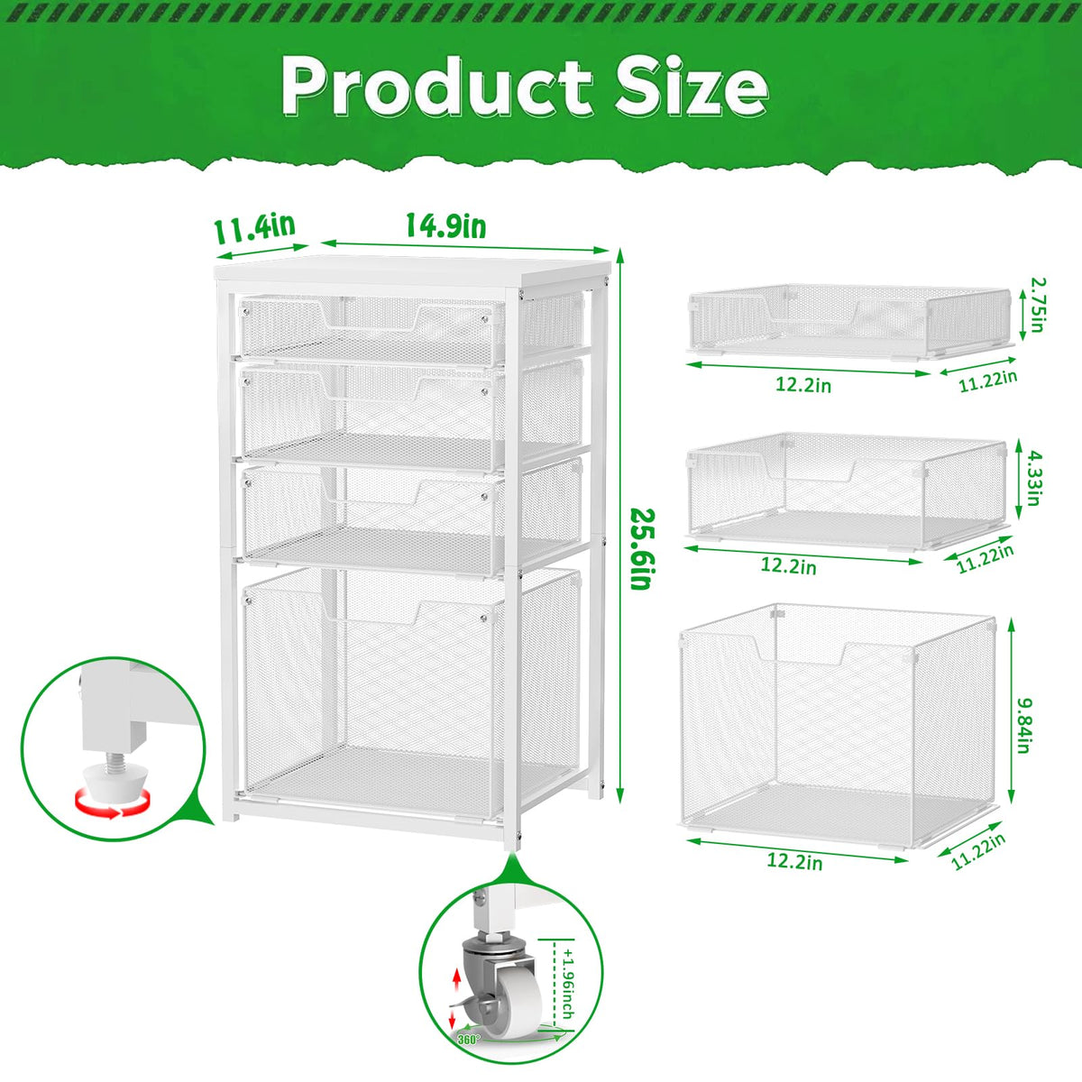 4 Drawer Rolling File Cart with Wheels, White R4308