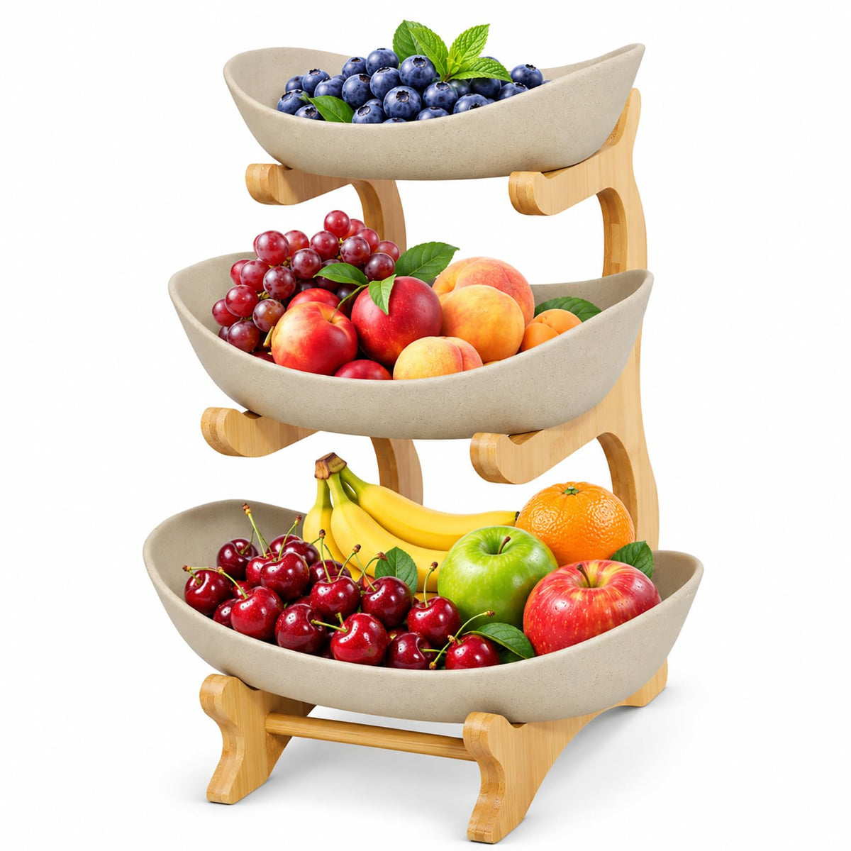 3 Tier Ceramic Fruit Basket with Bamboo Stand J476