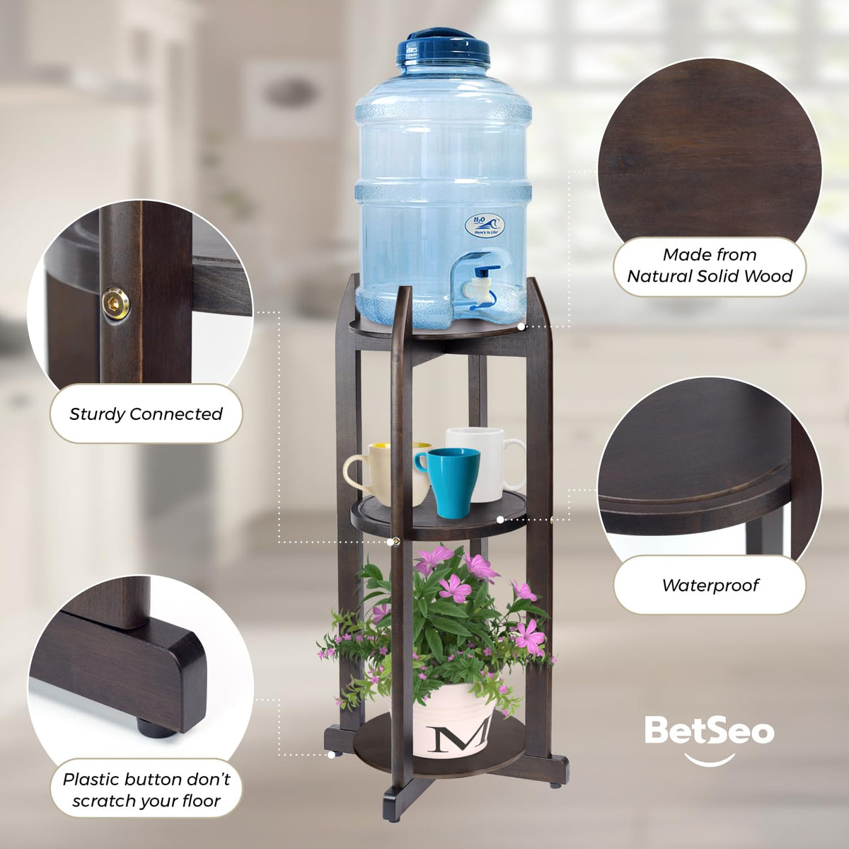 Solid Wood Water Dispenser Floor Stand with 3 Round Shelfs C199011