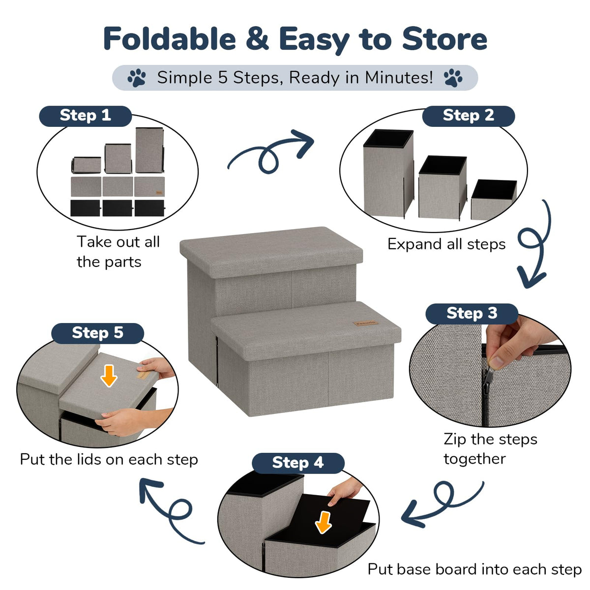 2-Step Wide Dog Stairs with Storage, Non-Slip Foldable Pet Steps, Grey R4089