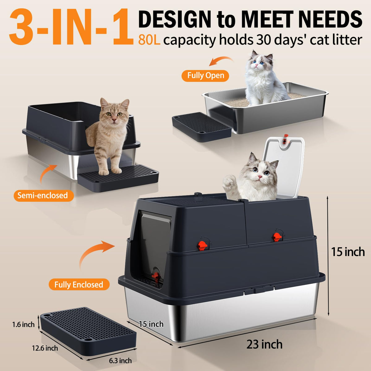 Stainless Steel Enclosed Litter Box with Lid, Extra Large, Black D3156