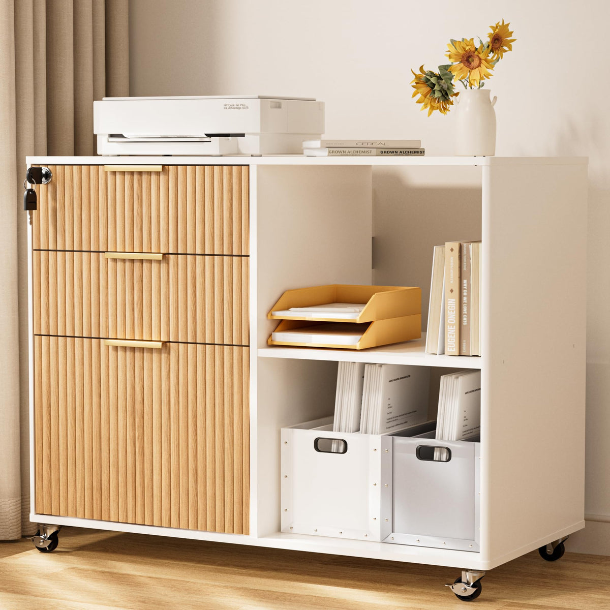 3 Drawer Fluted Mobile Filing Cabinet with Lock R136